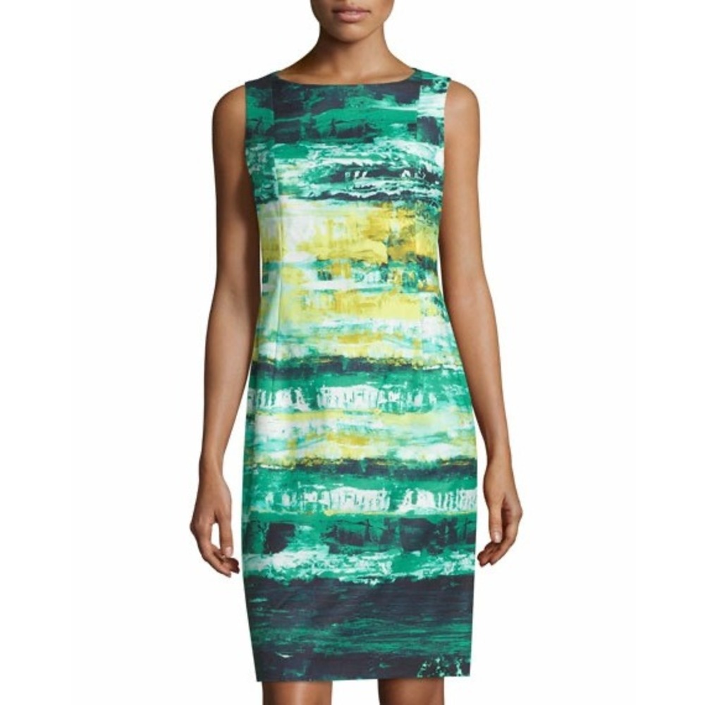 Lafayette 148 Sheath Dress Abstract Print Green 12 Sleeveless Boat Neck